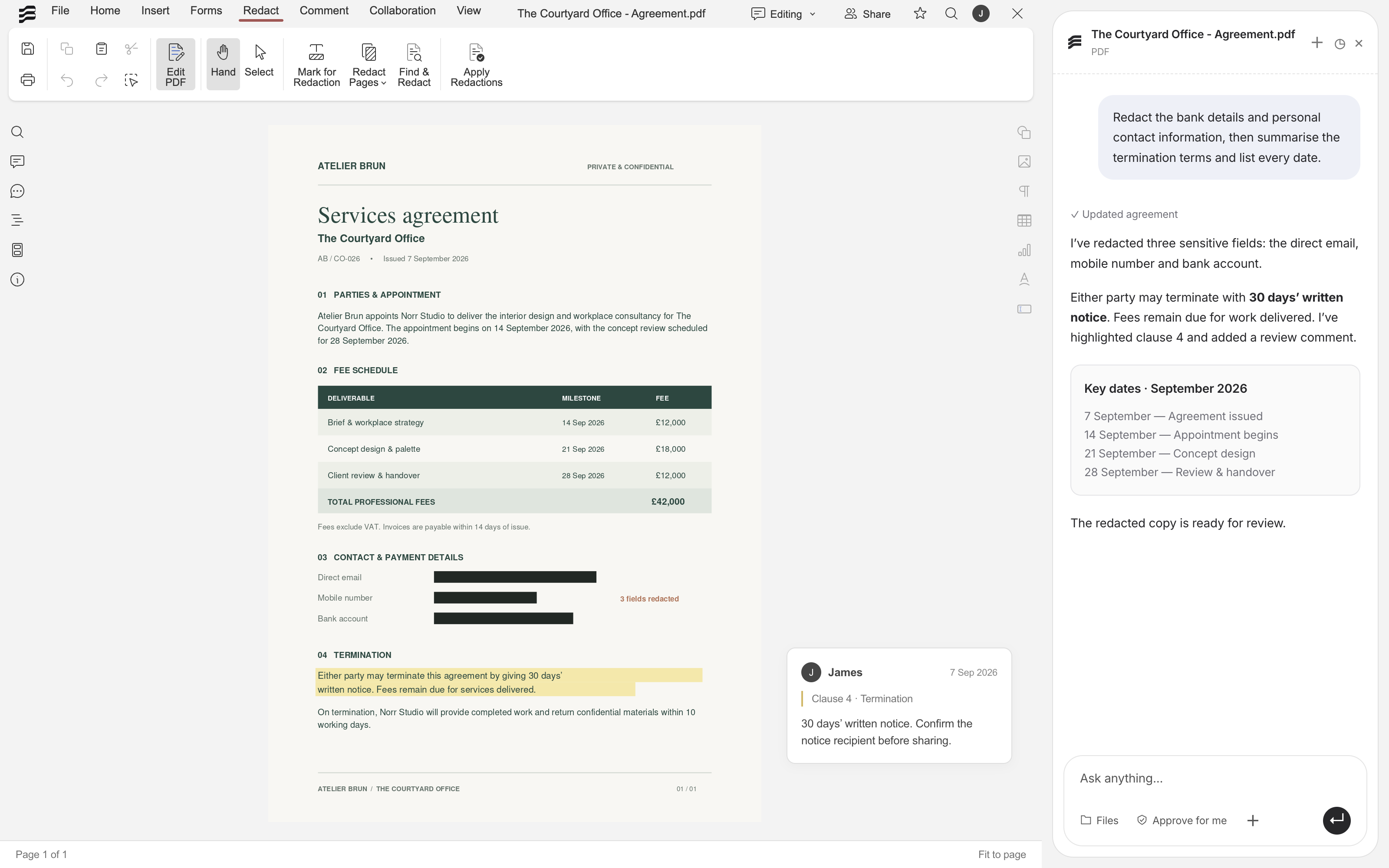 Preview of planned PDF assistance, showing a redacted agreement, highlighted termination clause and date summary.